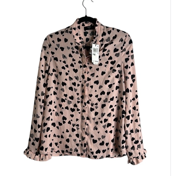 Tahari pink black heart print bell sleeves button down raffle blouse size S new - Picture 2 of 10